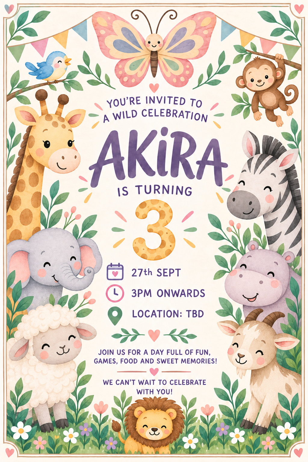 Pastel birthday invitation for Akira featuring a butterfly, bird, monkey, giraffe, zebra, elephant, hippo, sheep, goat, and lion