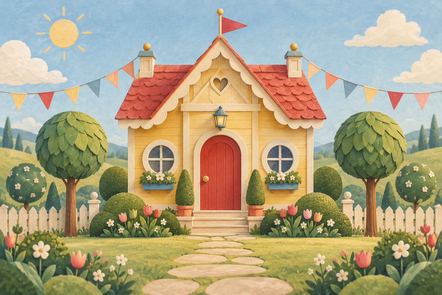 A symmetrical pastel playhouse with a red door, tiny flags, round trees, and a flower garden